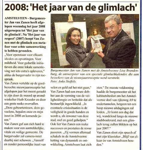 ‘Artikel Jaar van de Glimlach’; Krantenartikel uit het Amstelveens Nieuwsblad van woensdag 9 januari 2008