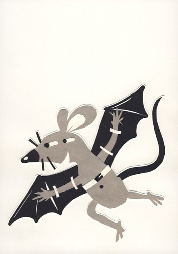 ‘Vleermuis’; Binnenwerkillustratie voor het moppenboek ‘Een vlieg op je vork’ | Auteurs: Netty van Kaathoven en Lizzy van Pelt │ Uitgeverij De Inktvis, 2009